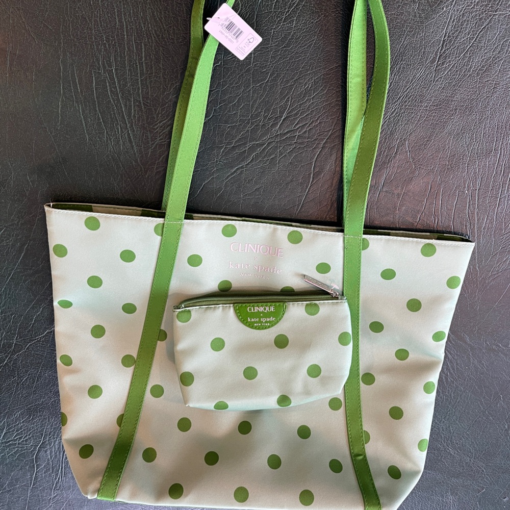 NWT Green Polka Dots Clinique X Kate Spade Tote Bag WITH COSMETIC BAG!